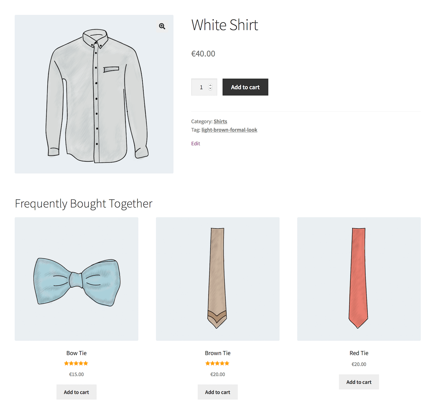 WooCommerce product recommendations: A product page displaying a white button-up shirt for €40, with options to add to cart. Below, there are frequently bought together items: a blue bow tie, a brown tie, and a red tie, each with prices and add to cart buttons.