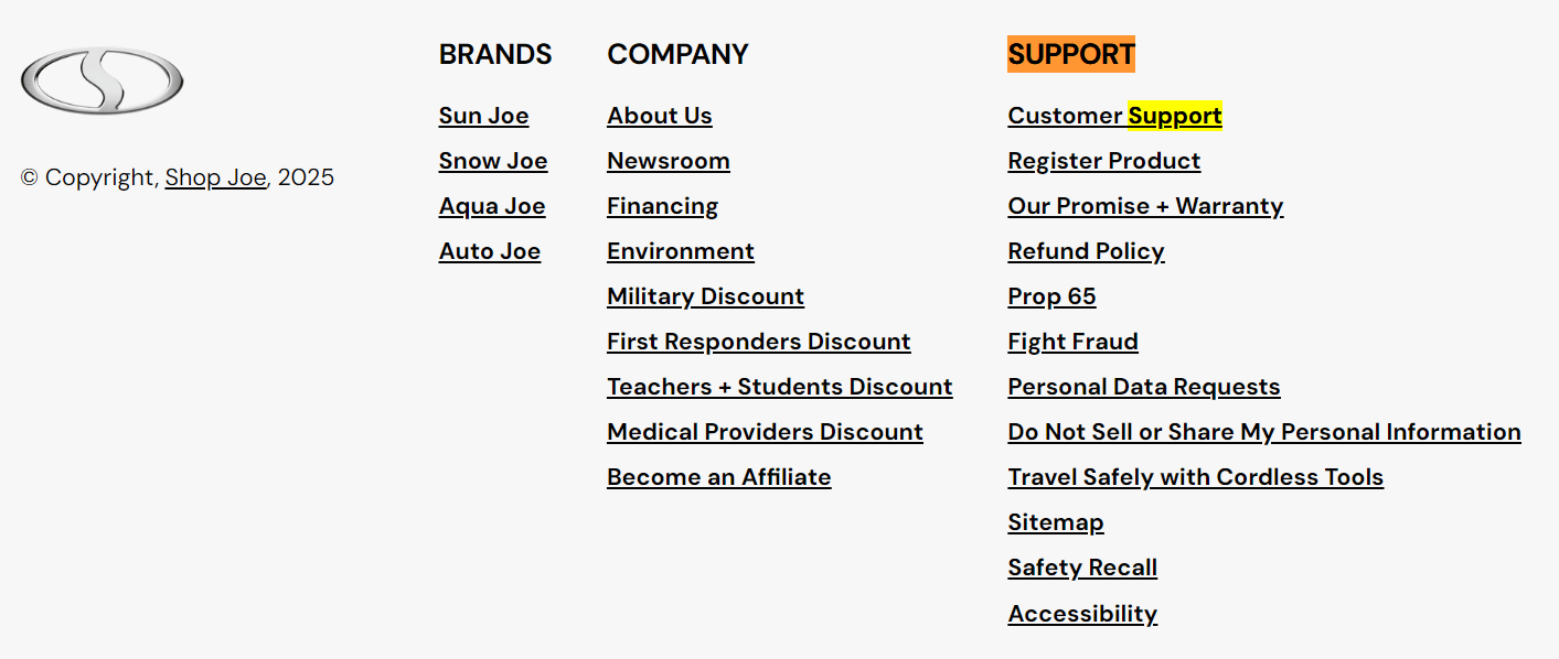 Shop Joe footer with brand links, company info, support menu, and copyright 2025