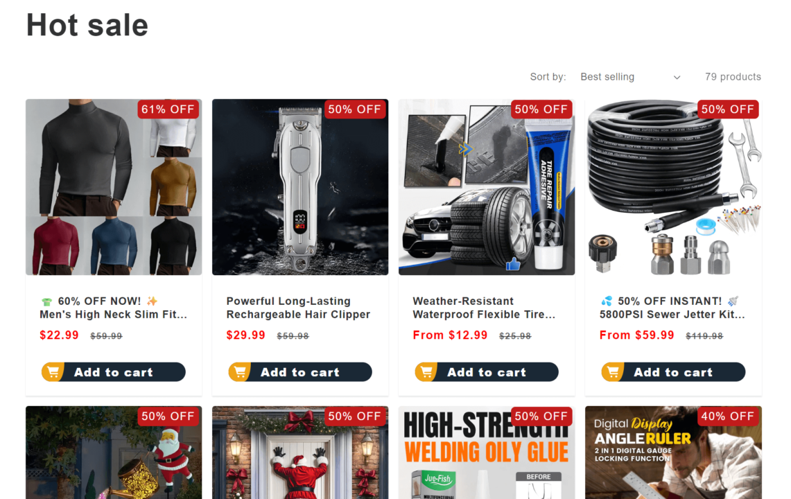 shopify general store: A websites Hot sale section displays discounted products, including men’s slim fit turtlenecks, a hair clipper, tire repair kit, garden hose, welding glue, angle ruler, and a snow jet kit. Each item shows sale prices and Add to cart buttons.