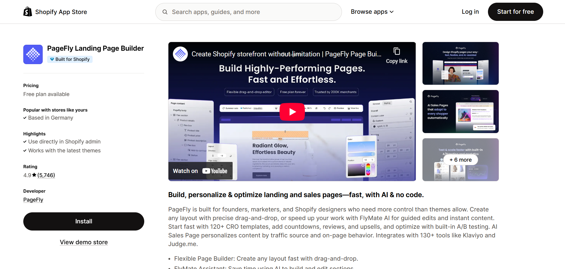 Shopify AI tools: PageFly Landing Page builder page on Shopify App Store