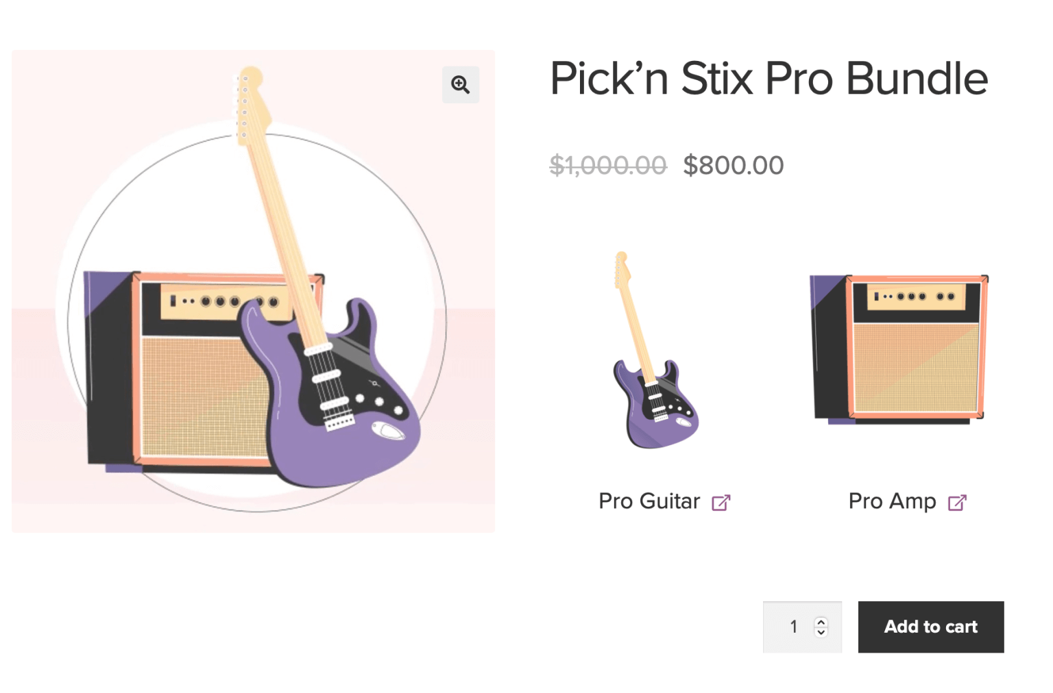WooCommerce product recommendations: A black and purple electric guitar leans against a brown and black amplifier. Text shows Pick’n Stix Pro Bundle with the price reduced from $1000 to $800, and Add to cart button below.