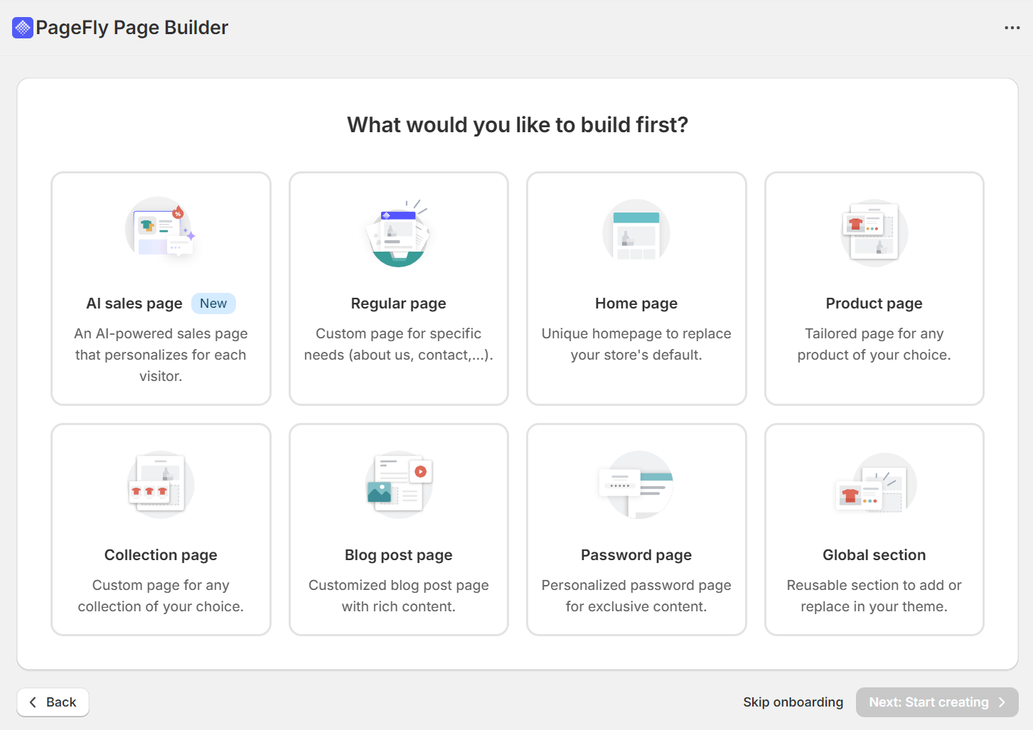 Shopify AI tools: PageFly's selection of landing pages like AI sales page, regular page, home page, product page, collection page, blog post page, password page, and global section