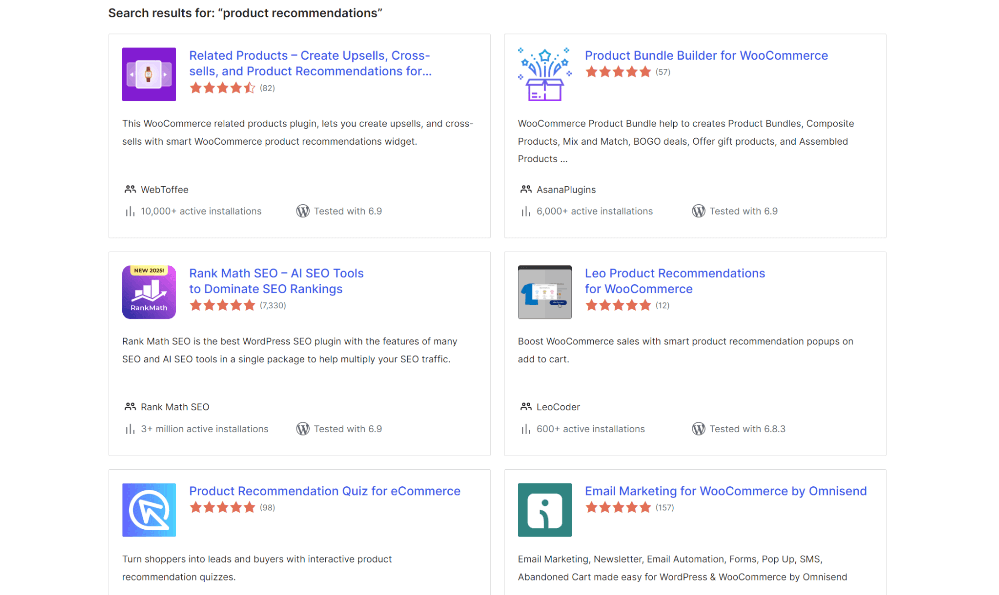 Screenshot of search results for product recommendations on a plugin directory, displaying six plugin cards with names, ratings, brief descriptions, author names, and installation statistics.