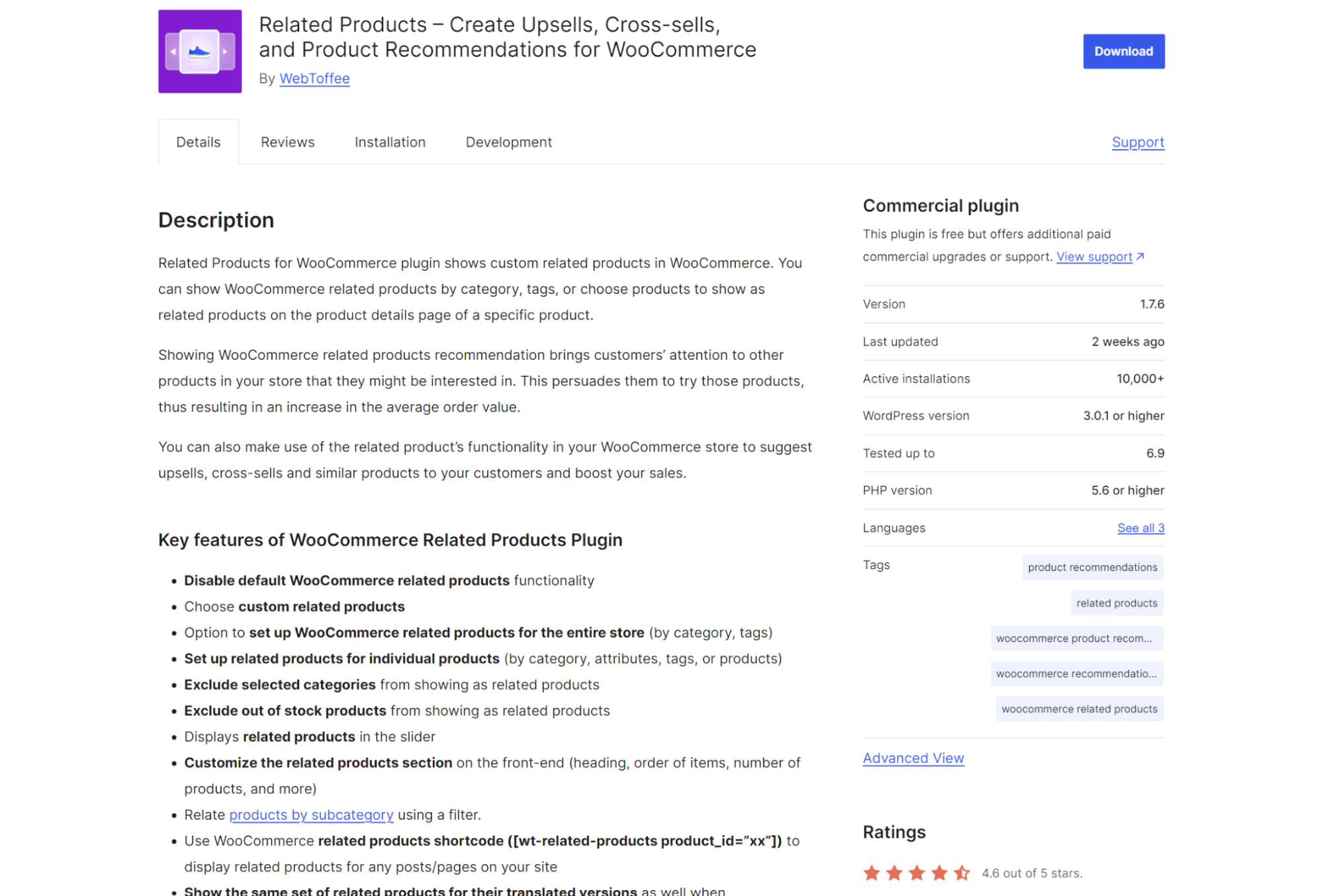 WooCommerce product recommendations: A plugin page for Related Products – Create Upsells, Cross-sells, and Product Recommendations for WooCommerce with description, features list, sidebar details, and a 4.9-star rating.