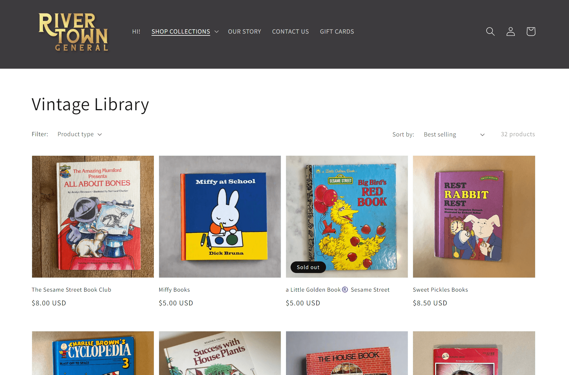 shopify general store: Screenshot of the “Vintage Library” page on the River Town General website, displaying various children’s books for sale, each with a cover image, title, price, and options for sorting and filtering.