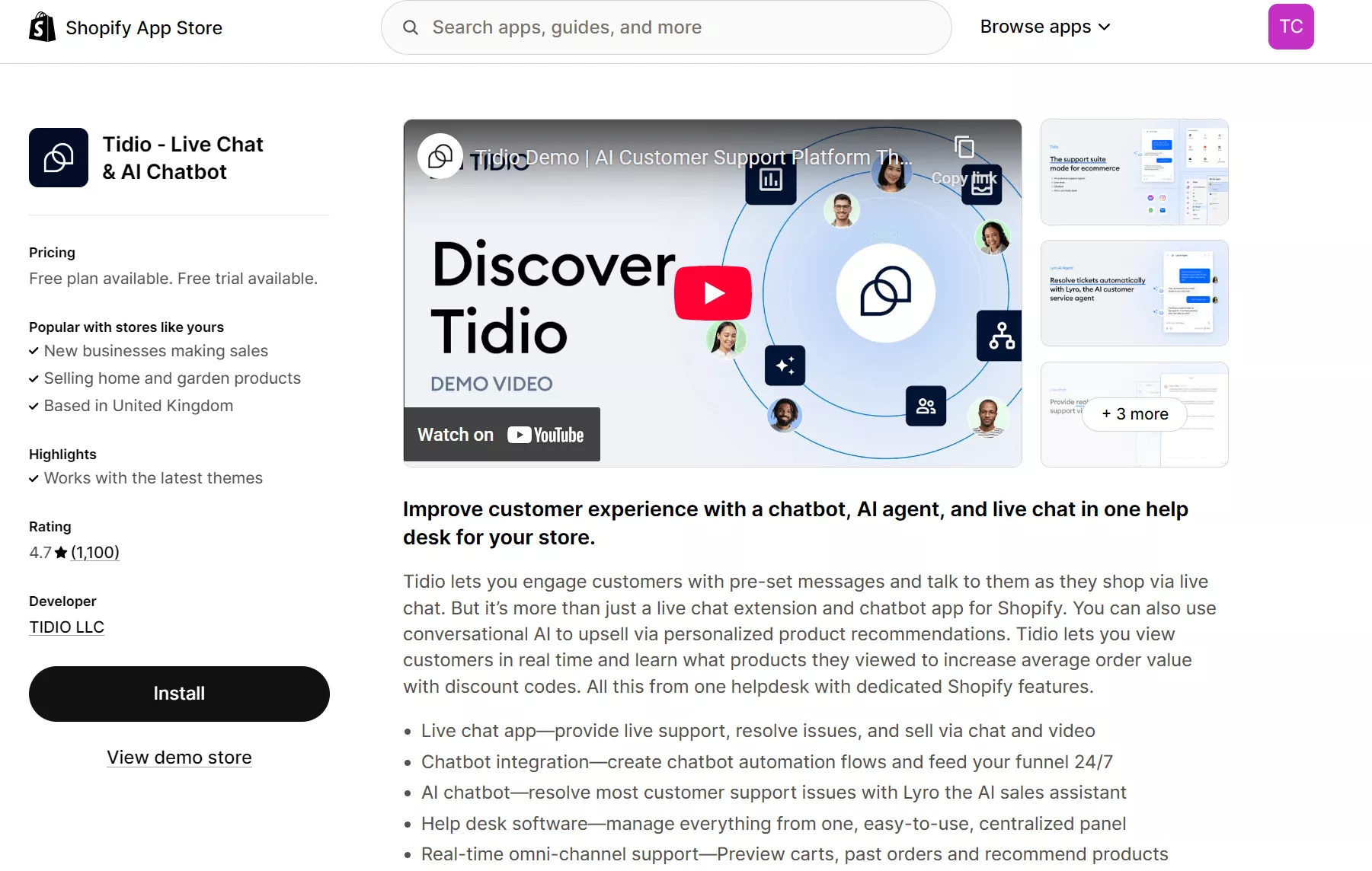 Shopify AI tools: Tidio - live chat and AI chatbot page on shopify app store