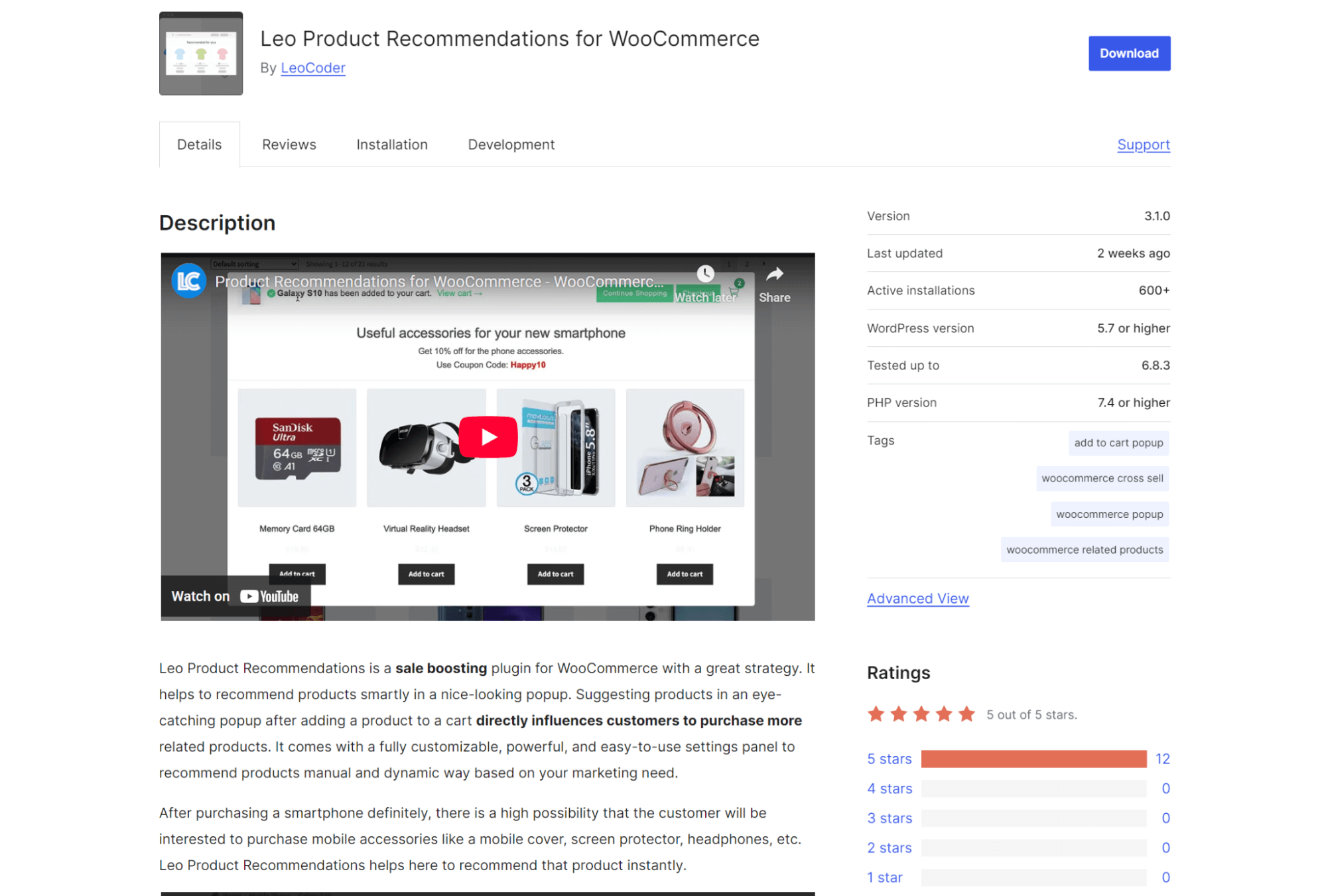 WooCommerce product recommendations: A plugin page for Leo Product Recommendations for WooCommerce shows a product video, detailed description, plugin info, and a ratings summary with mostly 5-star reviews on the right side.