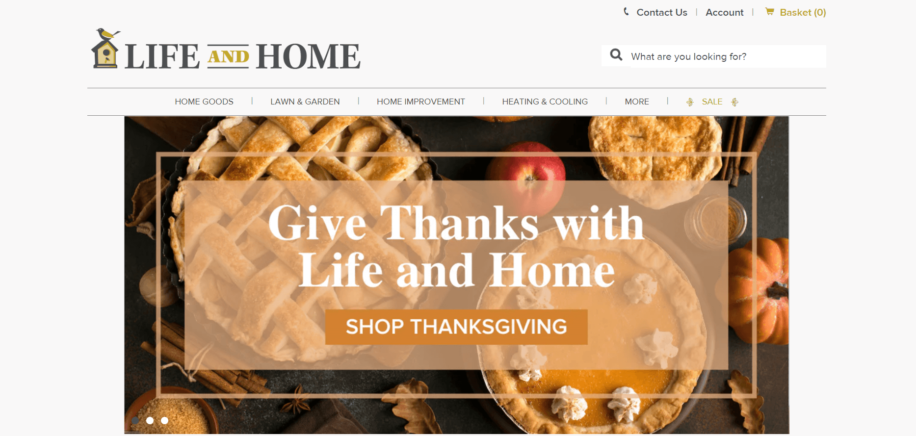 Life and Home Thanksgiving banner with pies, spices, pumpkins, and shop button