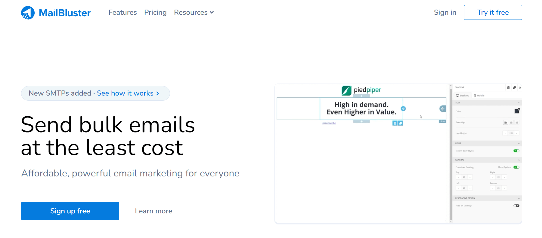 Cheap email marketing: MailBluster home page