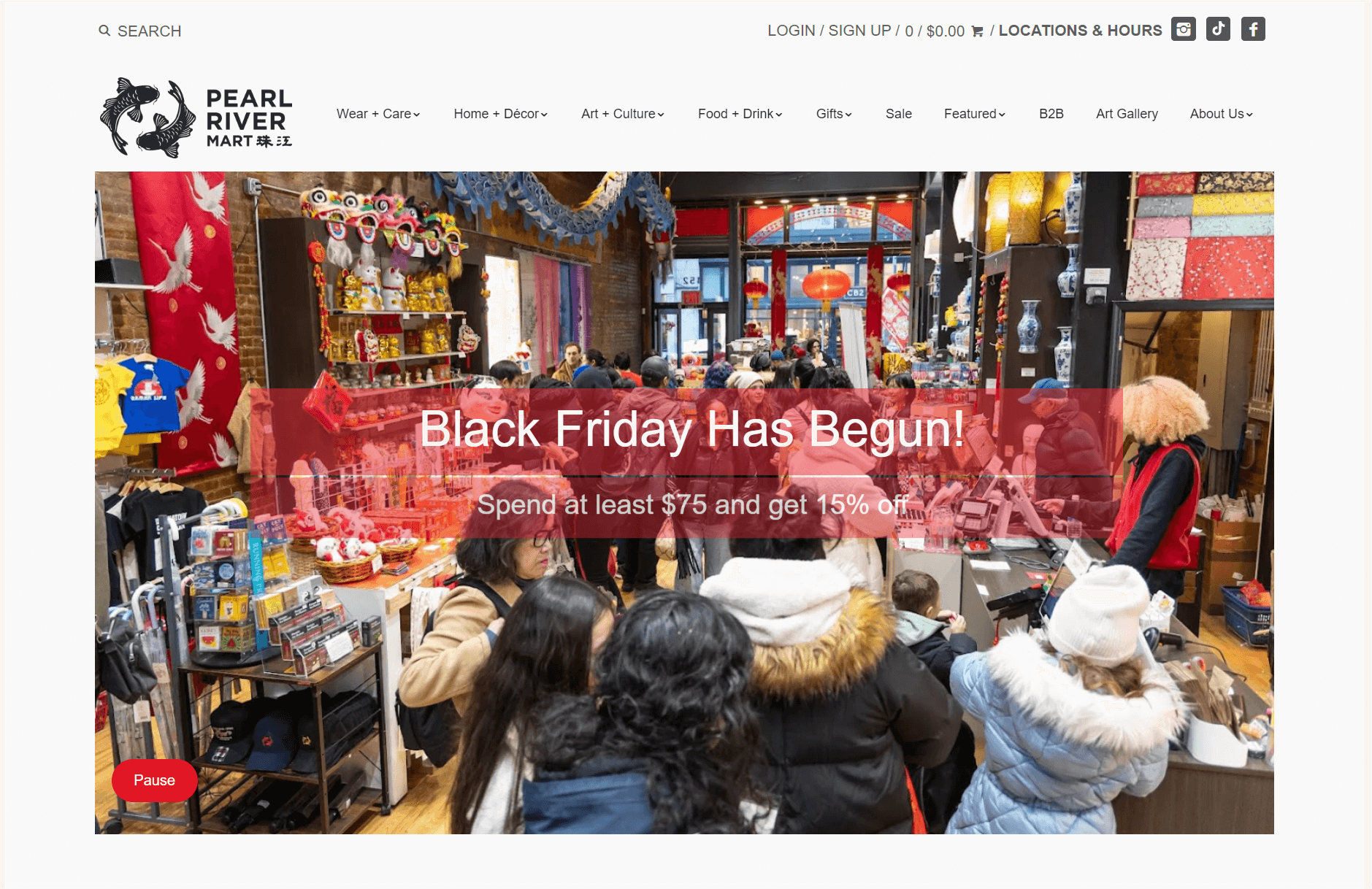 shopify general store: A busy store decorated with lanterns and festive decor, filled with shoppers in winter clothing. A banner reads, “Black Friday Has Begun! Spend at least $75 and get 15% off.” Store name: Pearl River Mart.