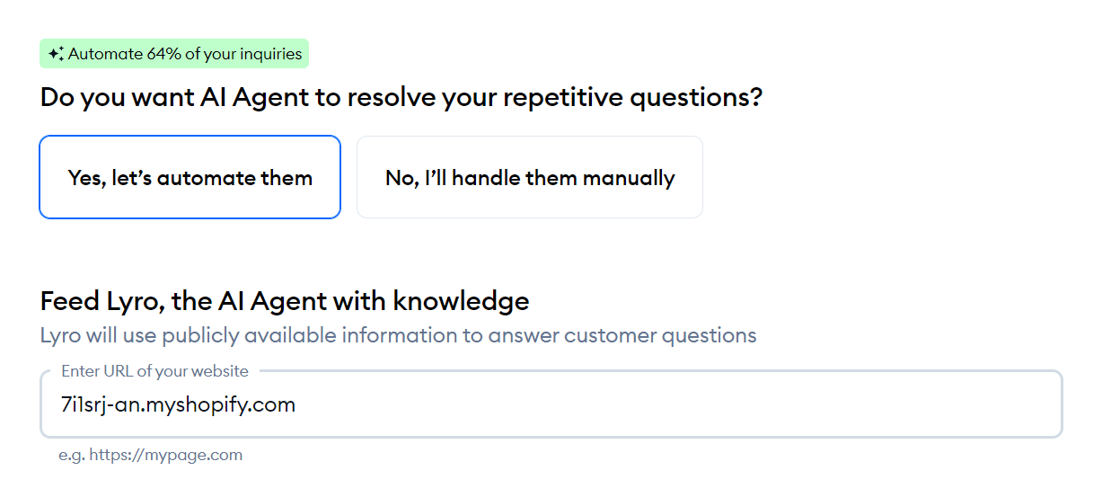 Shopify AI tools: Tidio's AI tool where you can select for AI to resolve repetivie questions and feed the AI agent with knowledge