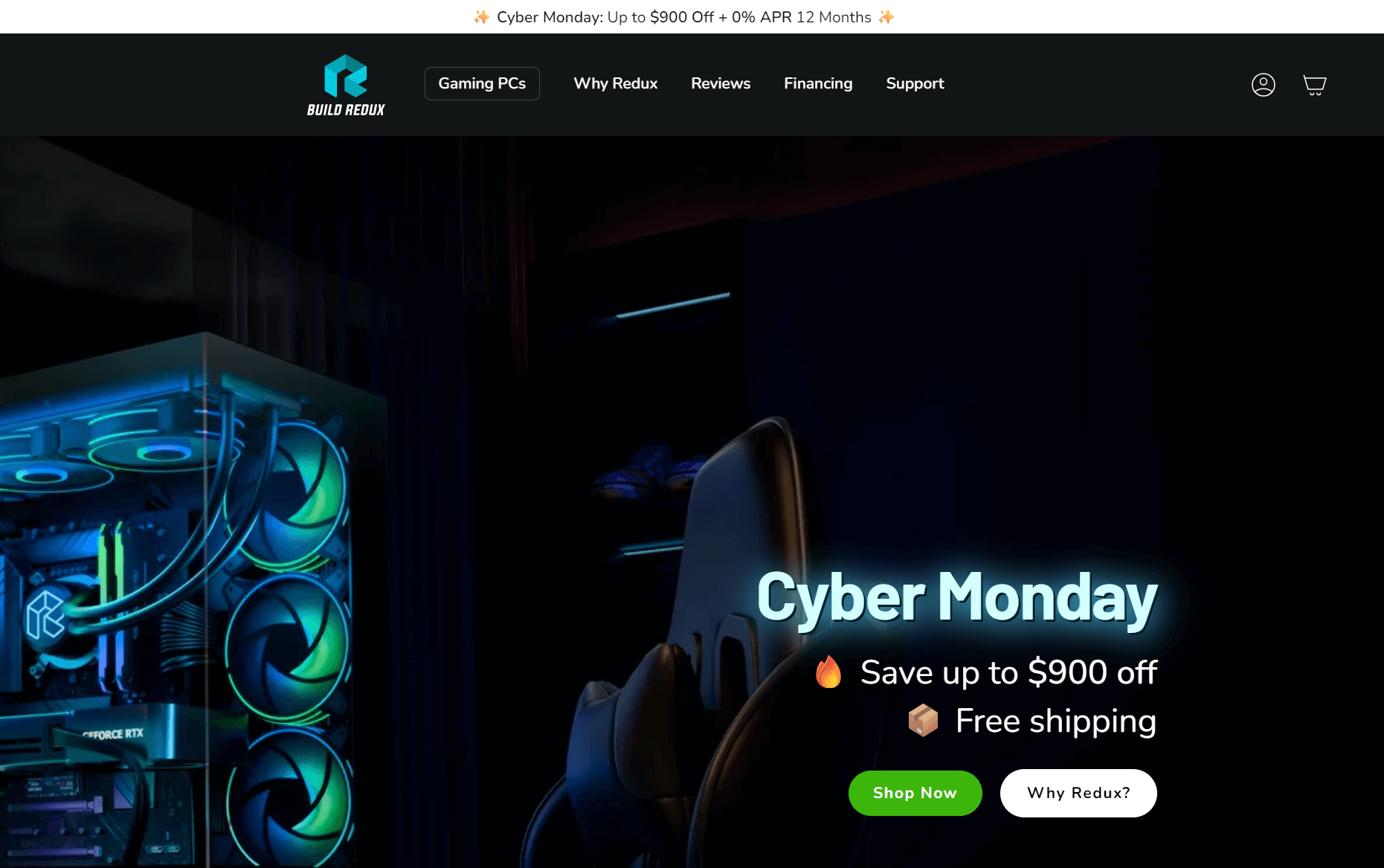Build Redux Cyber Monday banner with RGB gaming PC and sale offer