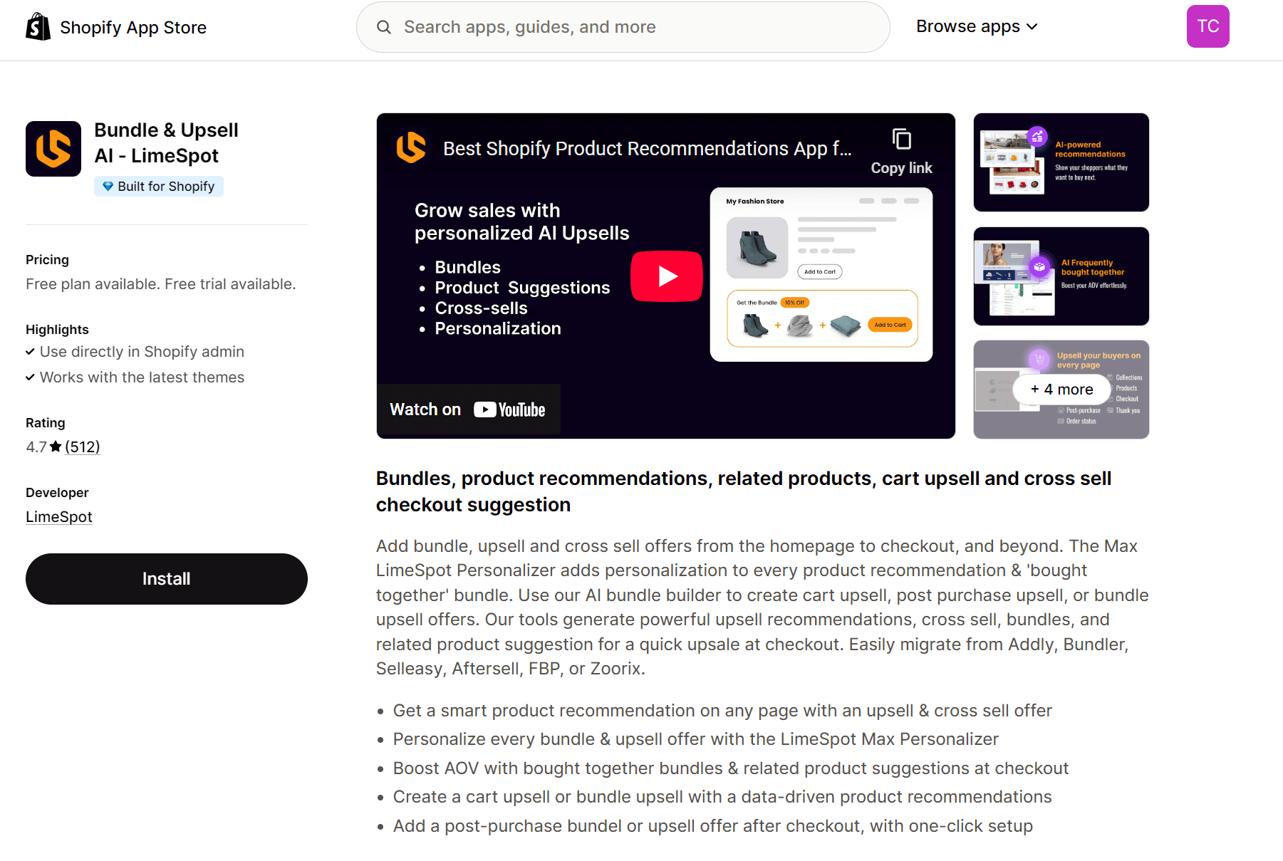 Shopify AI tools: LimeSpot page on Shopify App Store