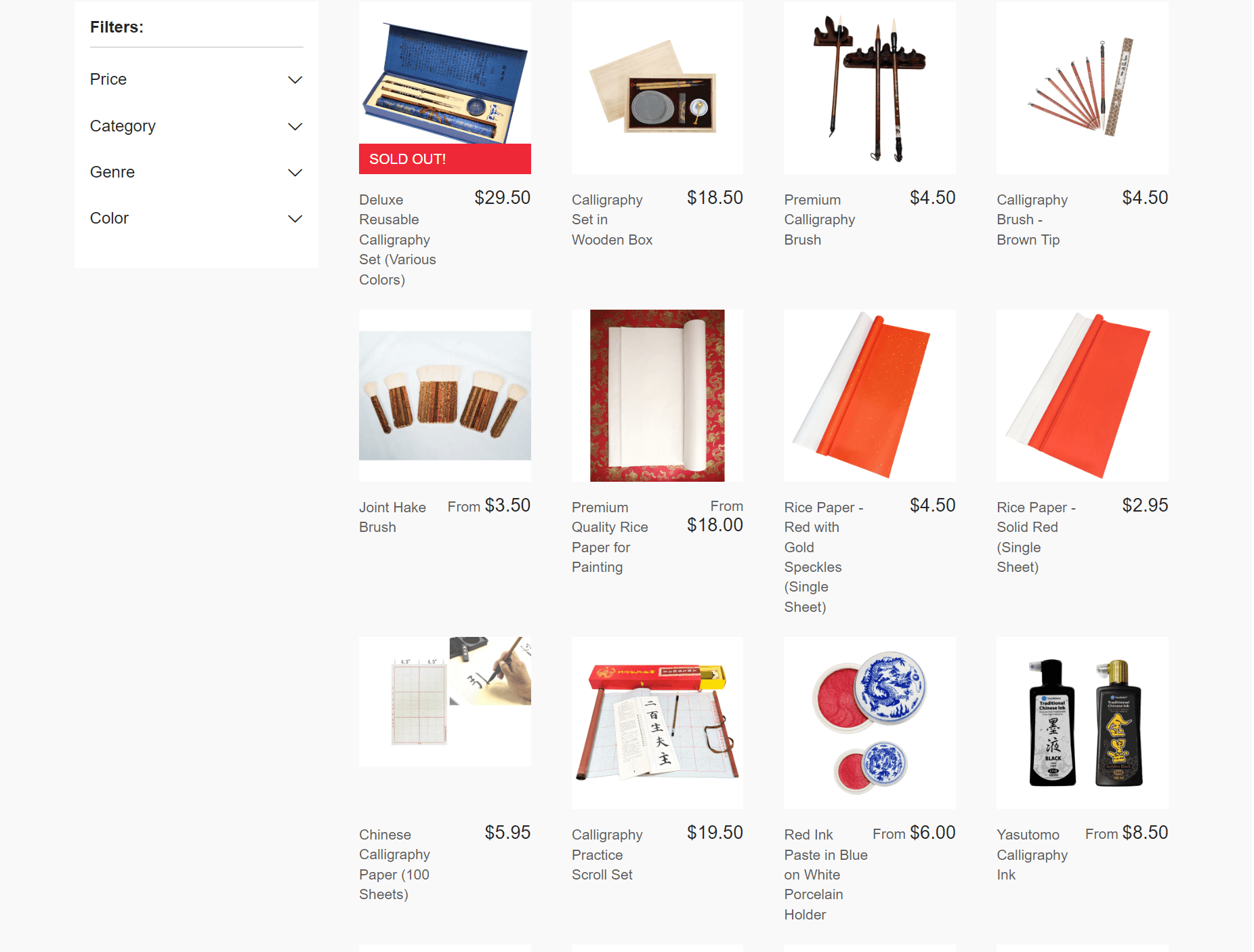 shopify general store: Screenshot of an online store displaying various calligraphy supplies, including brushes, ink, paper, sets, and accessories. Each item shows a product photo, name, and price, with one item marked as sold out. Filters are visible on the left.