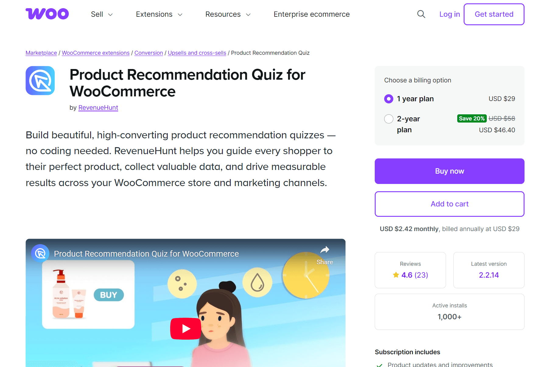 WooCommerce product recommendations: Screenshot of a WooCommerce product page for Product Recommendation Quiz for WooCommerce, showing product details, pricing options, a brief description, a video thumbnail, star ratings, and usage statistics.
