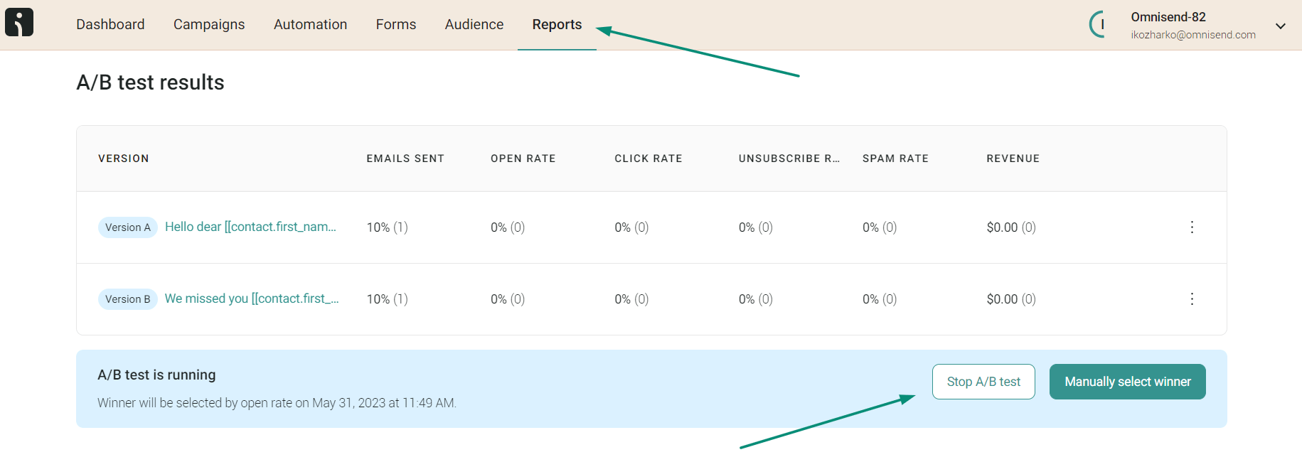 AB testing on Shopify: A/B test results page showing email subject lines, open rates, click rates, and other metrics. There are buttons to stop the A/B test or manually select a winner. Arrows highlight the Reports tab and test options.
