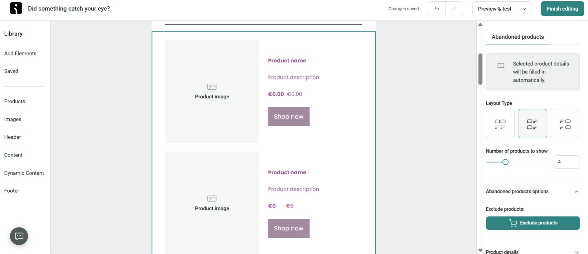 Omnisend email builder where you can choose abandoned product settings