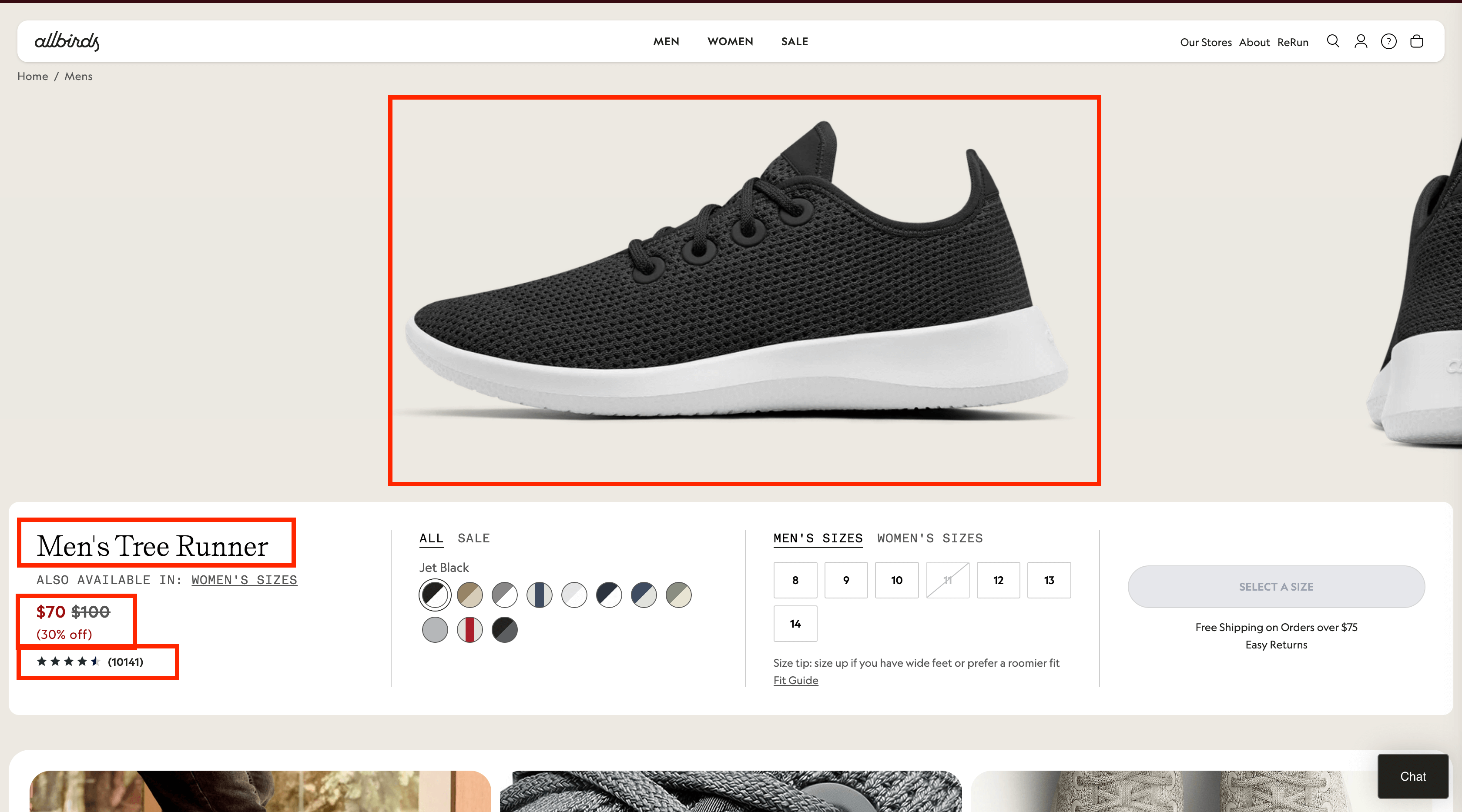 AB testing on Shopify: Screenshot of an online store page displaying a black athletic sneaker called Mens Tree Runner. The shoe is on sale for $70, reduced from $110. Various color and size options are shown below the main image.