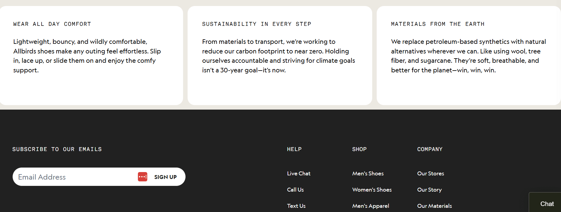 Allbirds website footer with “Subscribe to our emails” newsletter signup email field and button