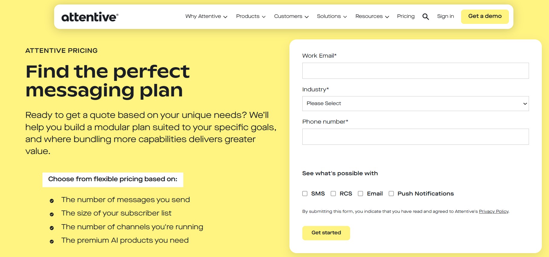 Attentive pricing: A website page from Attentive shows a form for getting a messaging plan quote. The left side highlights flexible pricing info, while the right side has fields for work email, industry, phone number, message type, and a Get started button.