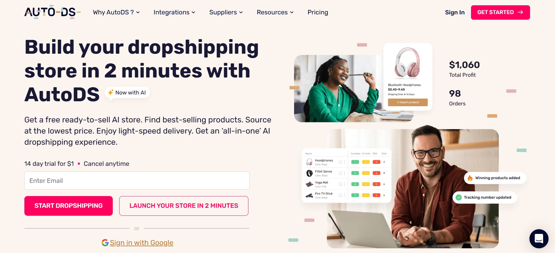 AI tools for dropshipping: AutoDS home page