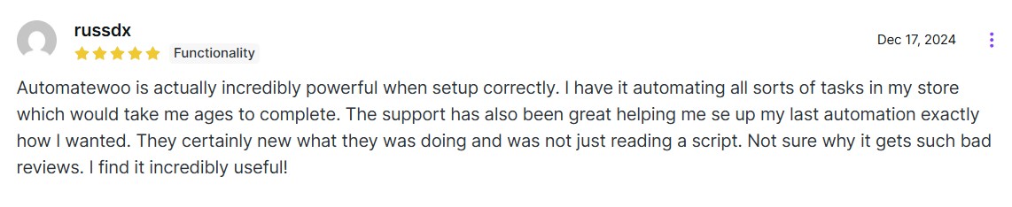 automate woo review that says the plugin is incredibly powerful when set up correctly