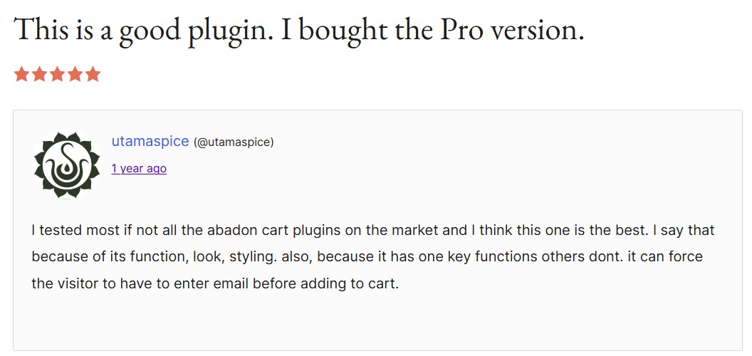 cartbounty plugin with the headline "this is a good plugin. I bought the pro version"