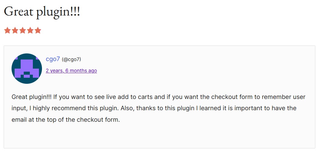 cart bountry review with the headline "great plugin"