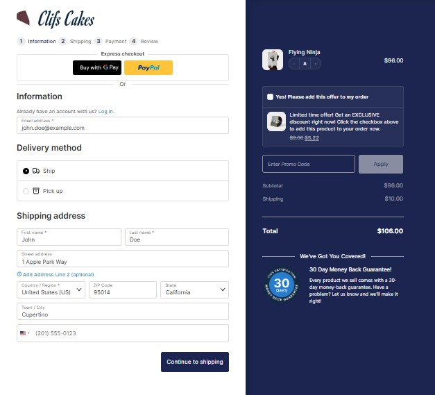 WooCommerce checkout plugins: Screenshot of an online checkout page for “Clif’s Cakes” showing payment options, shipping address form, delivery method, order summary, a promo code field, and a 30-day money-back guarantee badge.
