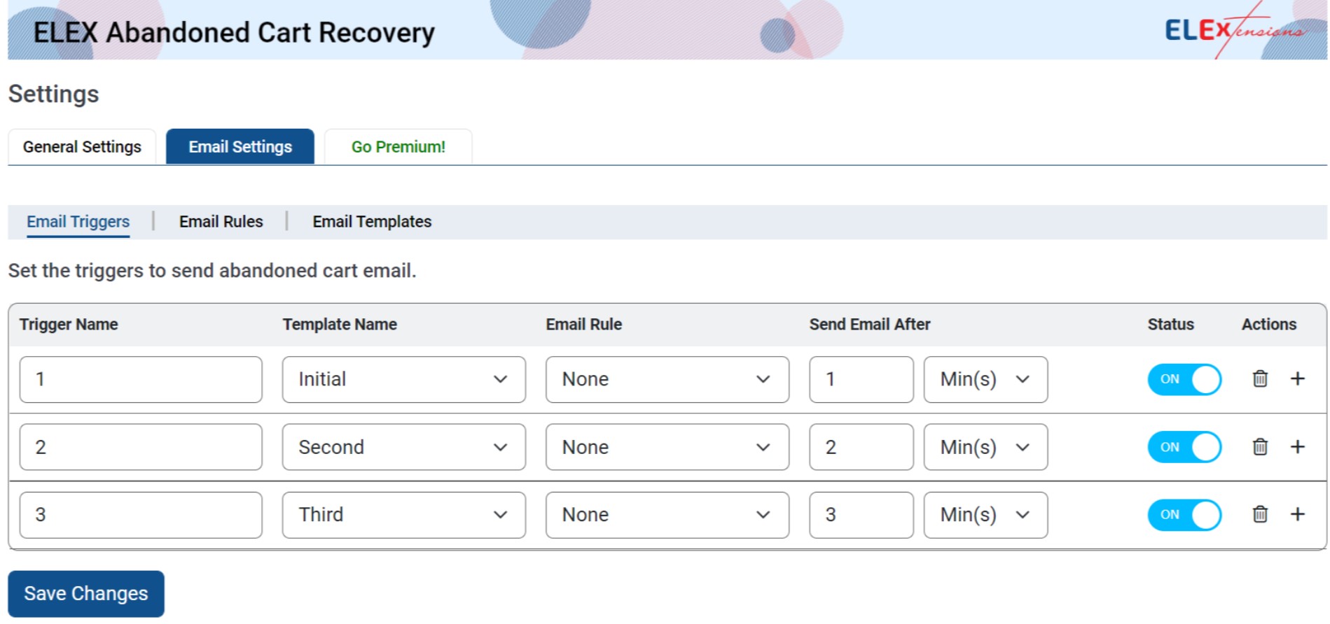 Elex abandoned cart recovery settings where you can set email triggers, add trigger names, email rules, send delays, and toggle status