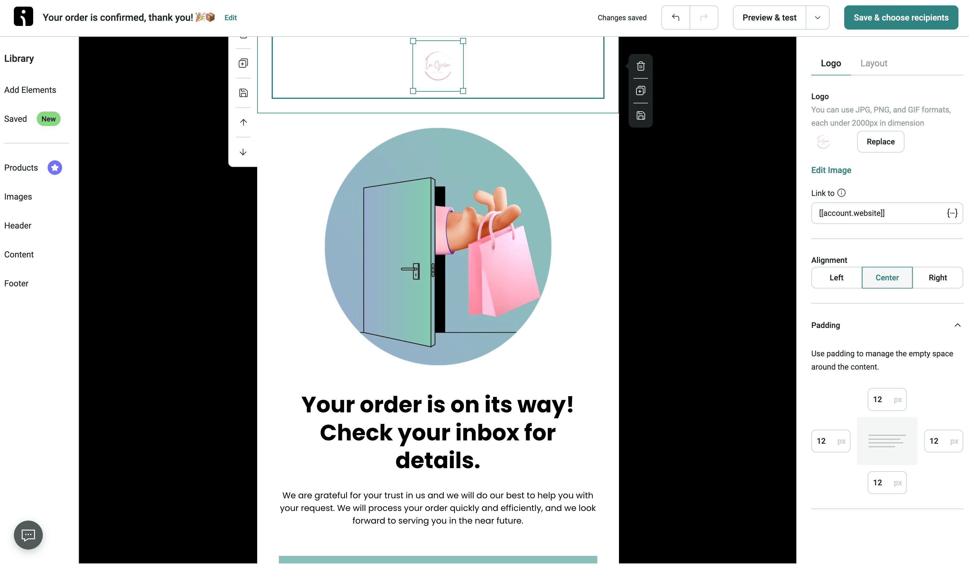 Dropship fulfillment: A hand extends through an open door holding a pink shopping bag. Below, bold text reads, Your order is on its way! Check your inbox for details, with a thank you message beneath.