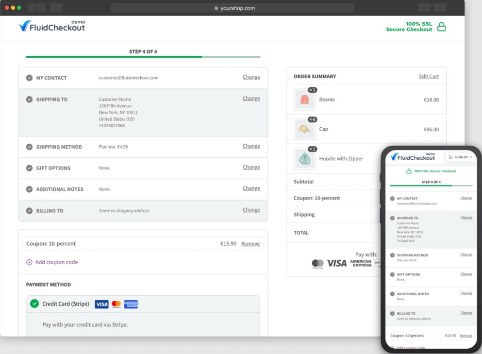 WooCommerce checkout plugins: A desktop and mobile view of an online checkout page showing order summary, contact and shipping info, payment method, coupon input, and payment options with Visa and Mastercard logos.