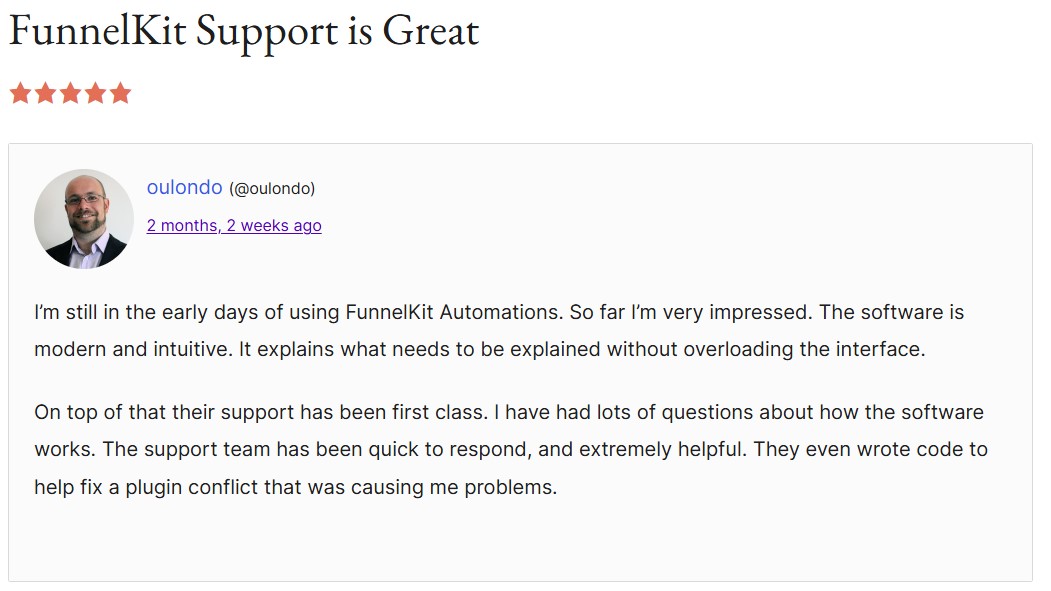 funnelkit review with the headline "funnelkit support is great"