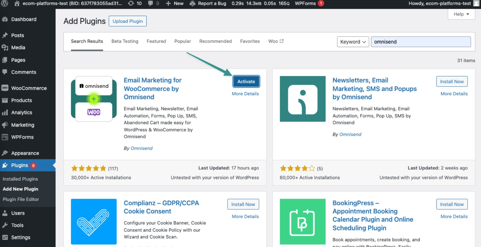 wordpress' plugin installation dashboard where you can install and activate email marketing for woocommerce by omnisend and other plugins