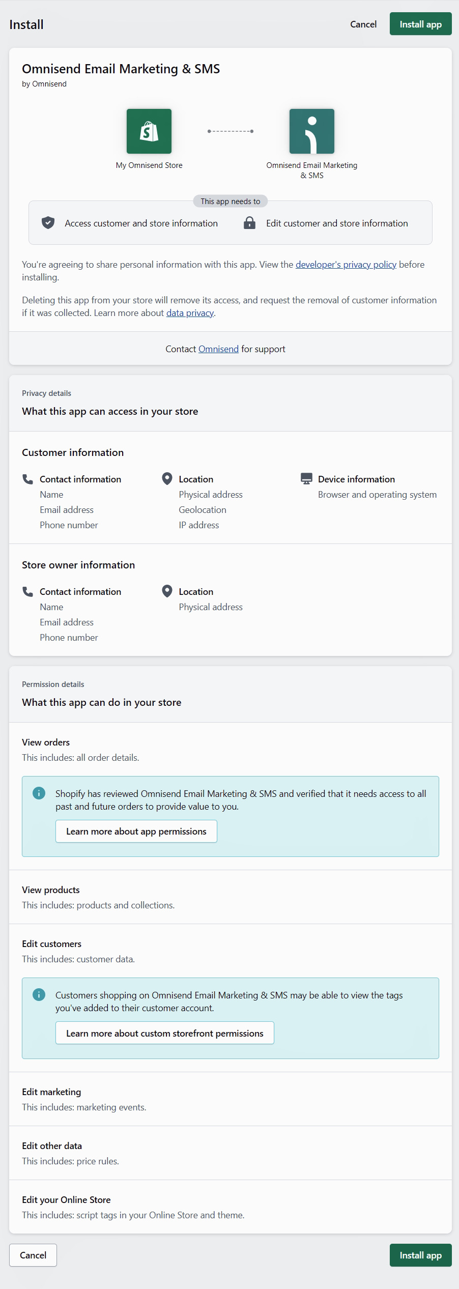 Shopify funnel builder: Screenshot of the Omnisend Email Marketing & SMS app installation page on Shopify, showing requested store permissions, customer data access, privacy details, and install options with green “Install app” buttons.