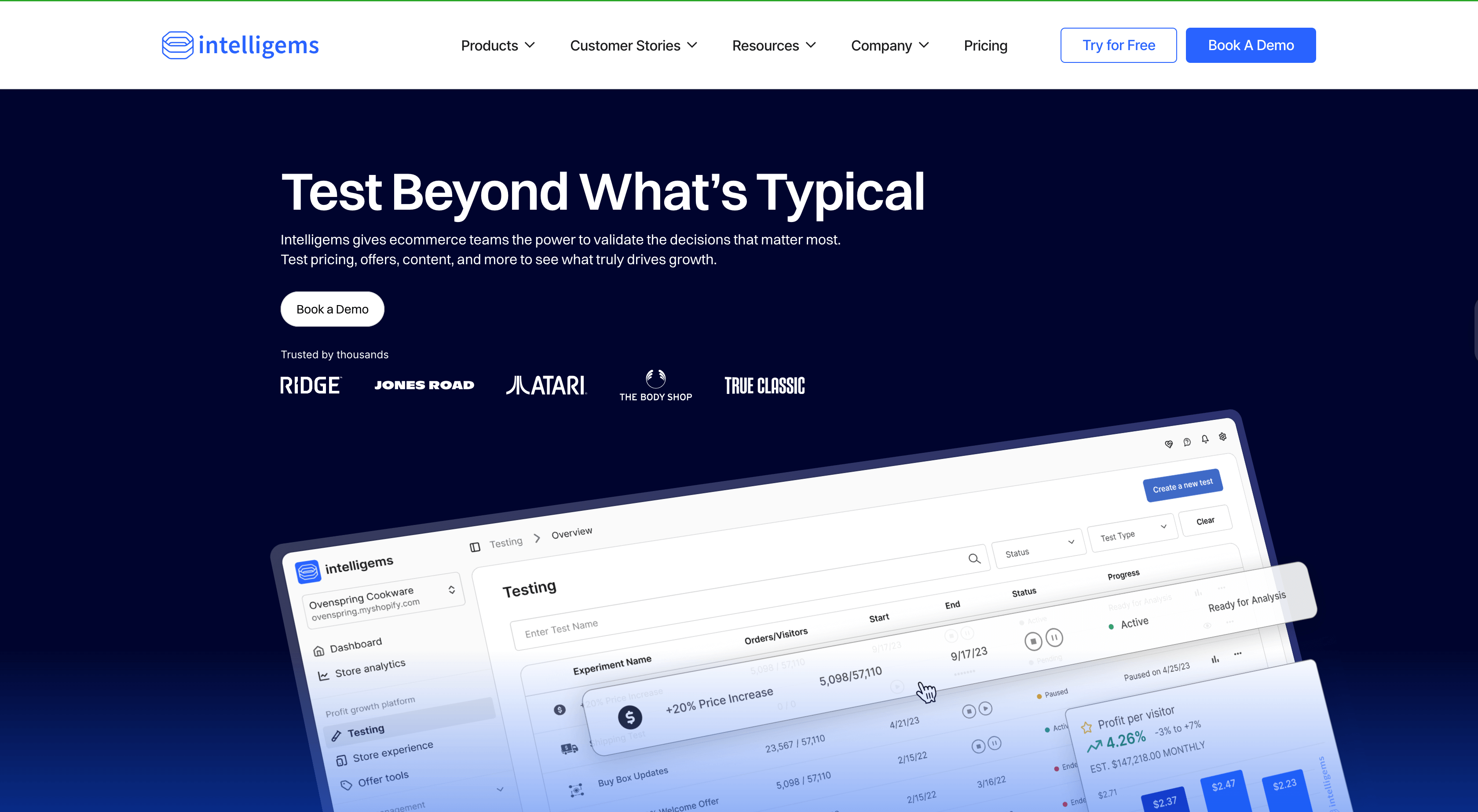AB testing on Shopify:  Intelligems home page
