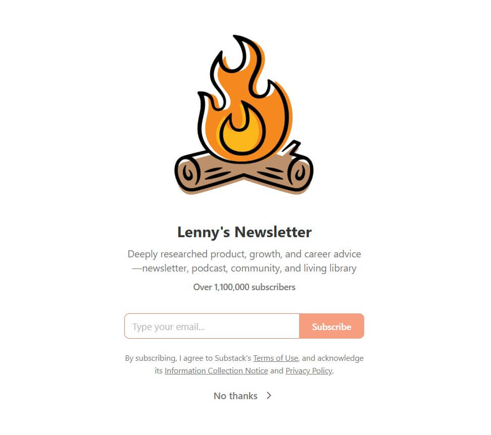 Lenny’s Newsletter signup form with campfire logo, email field, subscribe button, 1M+ subscribers
