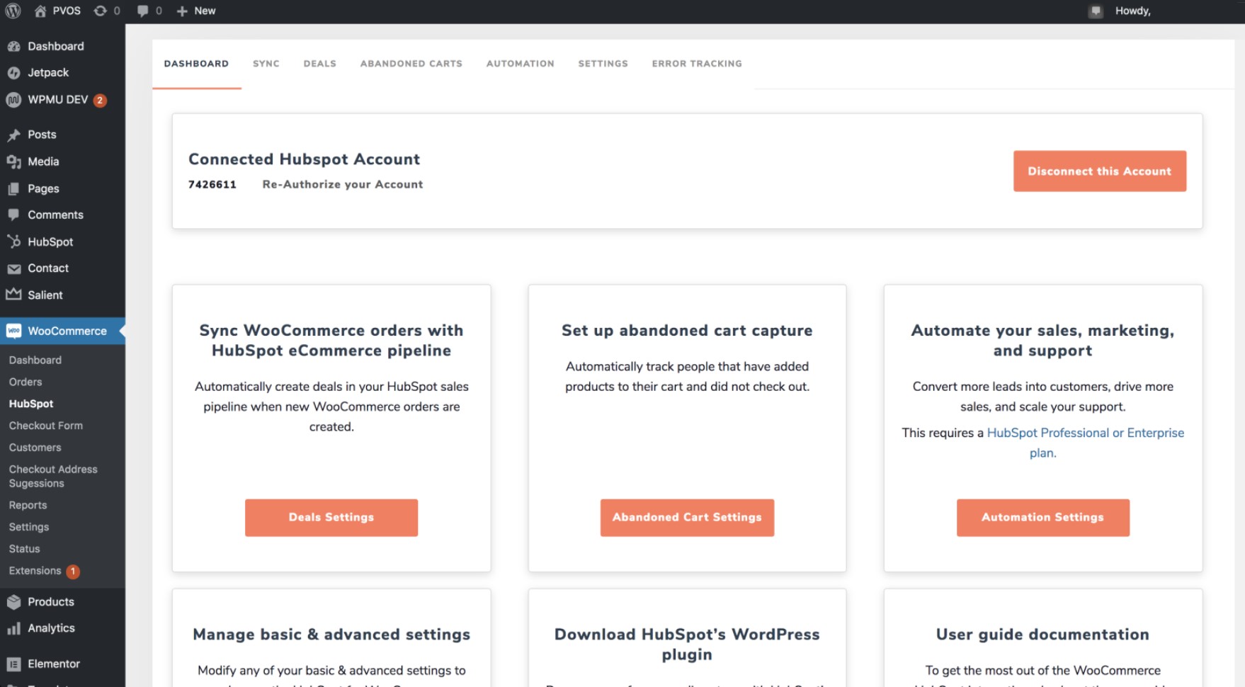 MWB hubspot automation page where you can connect your hubspota ccount, sync woocommerce orders, set up abandoned cart capture, automate your sales, marketing, and support, and more