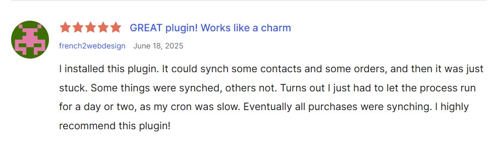 MWB hubspot review with the headline "great plugin, works like a charm"