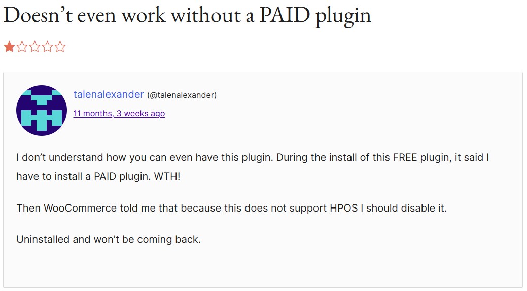 MWB hubspot review with the headline "doesn't even work without a paid plugin"