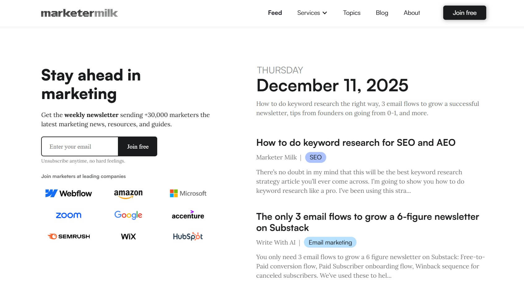 Marketermilk weekly newsletter signup form with email field, join free button, and social proof logos