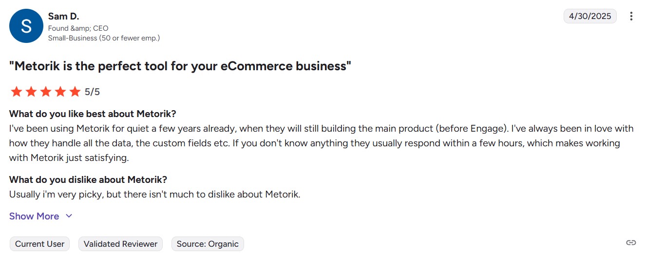 metorik's review with the headline "metorik is the perfect tool for your ecommerce business"