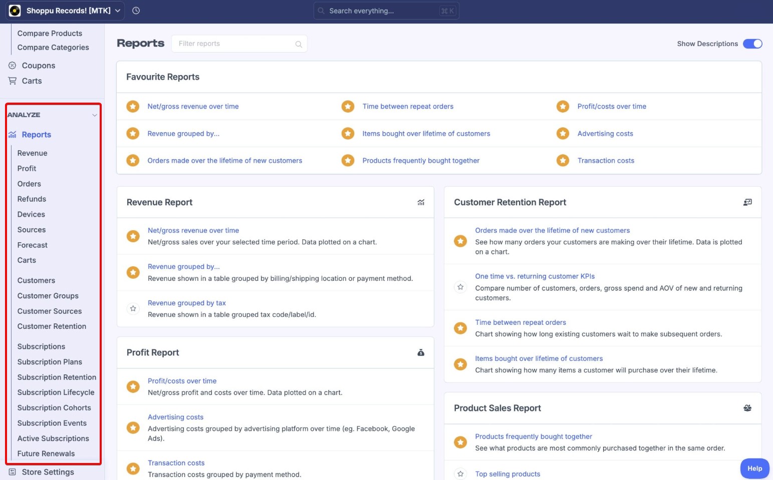 metorik's reports' sidebar where you can choose between revenue, profit, orders, refunds, devices, sources, forecast, carts, and more