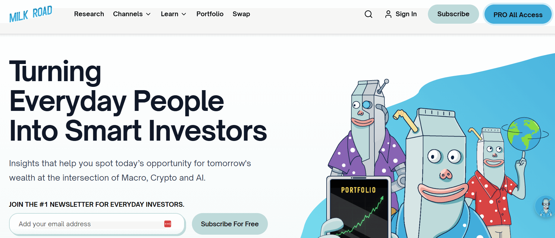 Milk Road investing newsletter signup with bold headline and email field for everyday investors