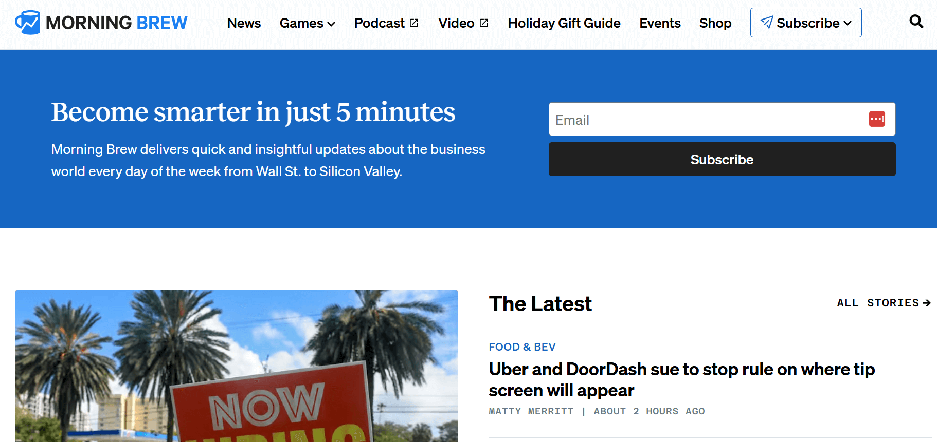 Morning Brew email newsletter signup form with headline and email field above Subscribe button