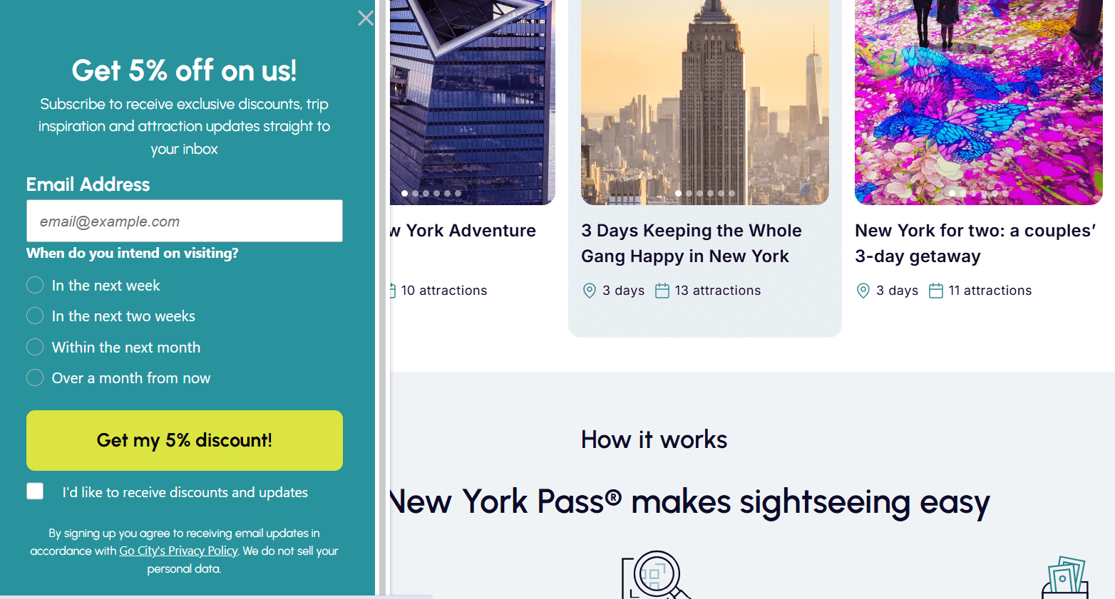 Travel site email signup popup offering 5% discount and trip updates for New York city pass