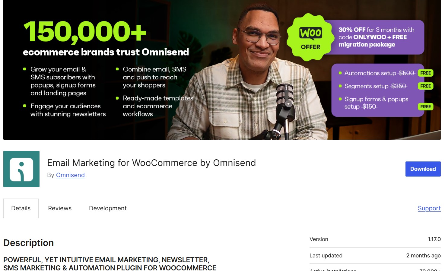 WooCommerrce abandoned cart plugins: Omnisend plugin page