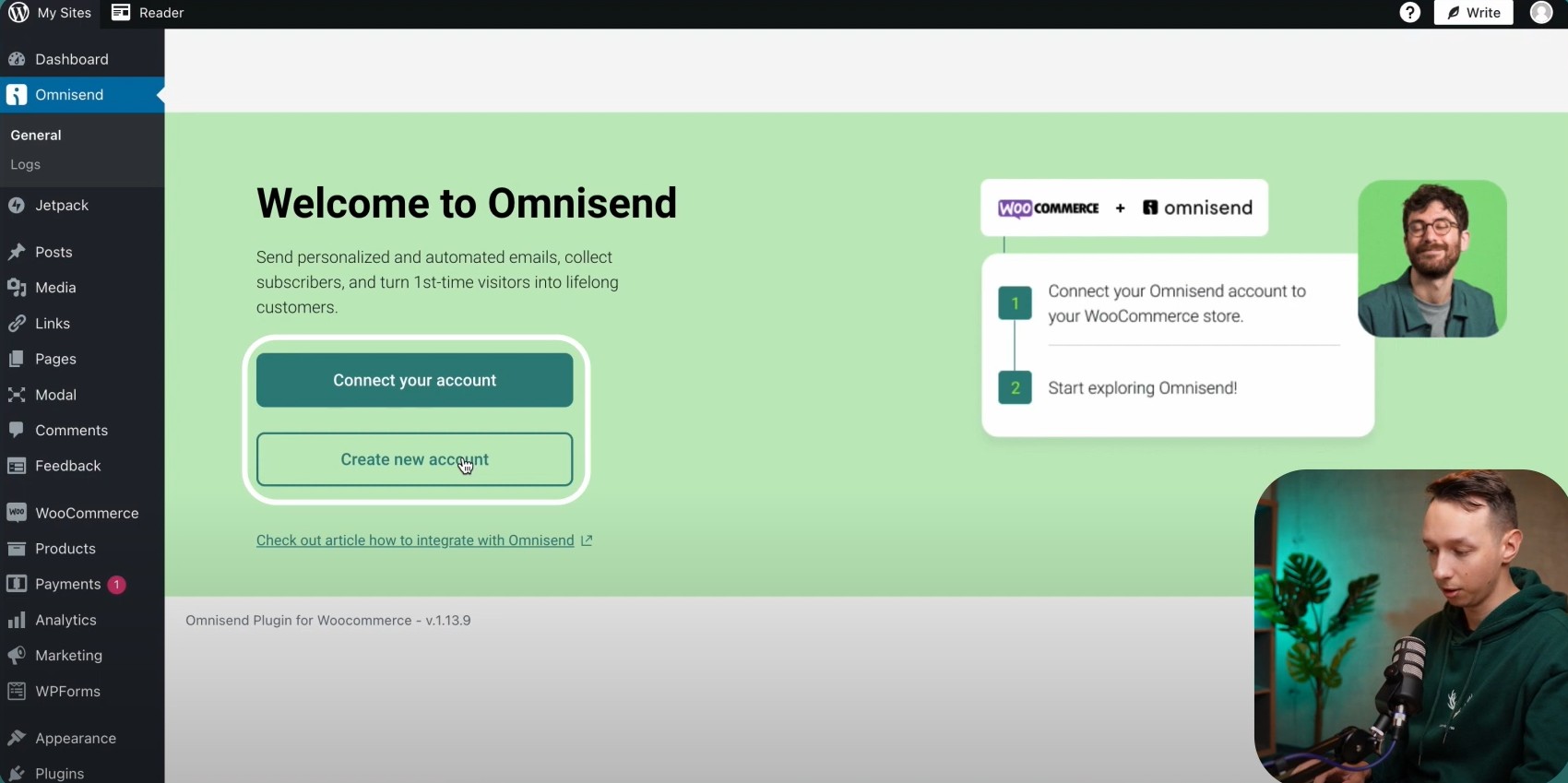 WooCommerce checkout plugins: A computer screen displays the Omnisend plugin setup page in WordPress, showing options to connect an account or create a new account, with a sidebar menu on the left and a user profile picture on the bottom right.