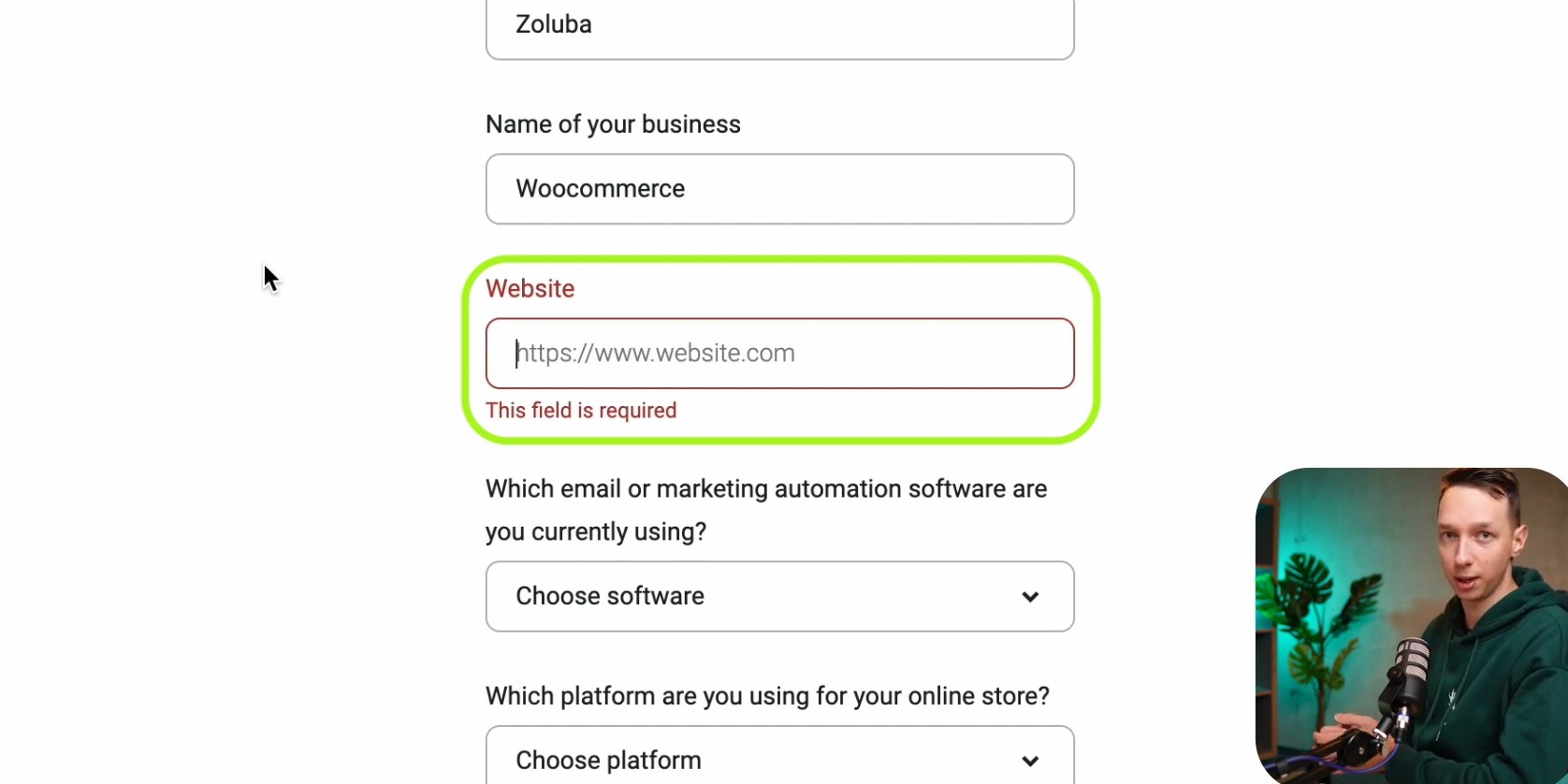 WooCommerce checkout plugins: A person is filling out an online form. The Website field is highlighted in green, showing an error message in red that says This field is required.
