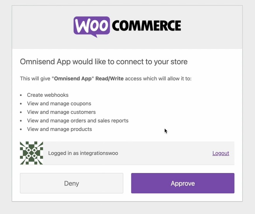 WooCommerce checkout plugins: WooCommerce authorization screen asking to grant Omnisend App read/write access to manage webhooks, coupons, customers, orders, reports, and products, with Deny and Approve buttons at the bottom.